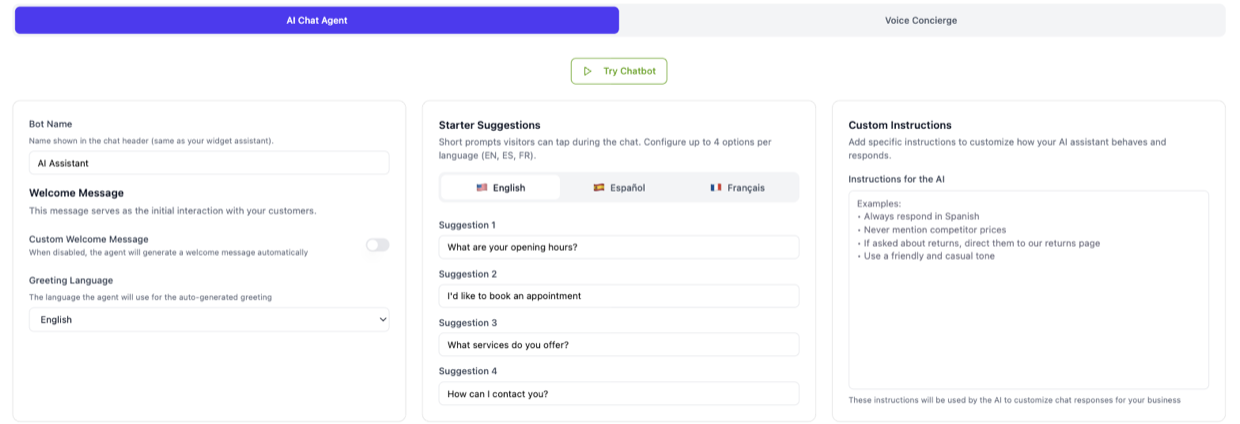 The AI Chat Agent tab, with Bot Name and Welcome Message on the left, Starter Suggestions per language in the middle, Custom Instructions on the right, and the Try Chatbot button above them.