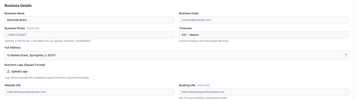 The Business Details form: business name, email, phone, timezone, full address, logo, website URL and booking URL.