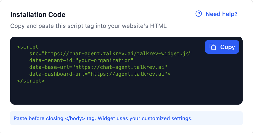 The Installation Code panel in Settings → AI Tools → AI Chat Agent, showing the generated script tag and the Copy button.