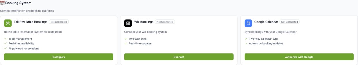 The Booking System row on Settings → Integrations, with the Google Calendar card marked Not Connected and an Authorize with Google button.