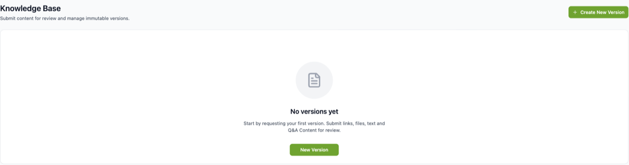 The Knowledge Base page with no versions yet, showing the Create New Version button.