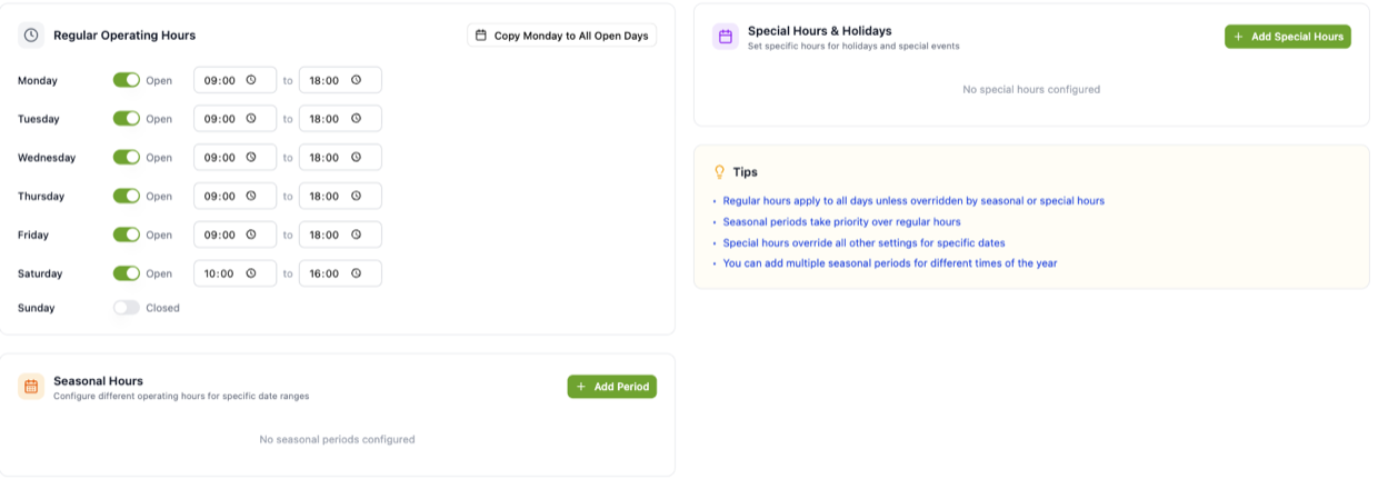 The Operating Hours page: Regular Operating Hours with a toggle and times per weekday, Special Hours & Holidays and Seasonal Hours panels, and a Tips box stating that special hours override all other settings for specific dates.