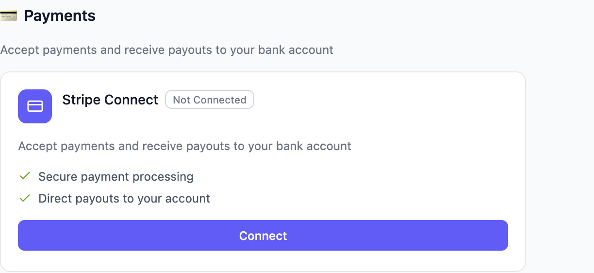 The Payments section on Settings → Integrations, with the Stripe Connect card marked Not Connected and a Connect button.